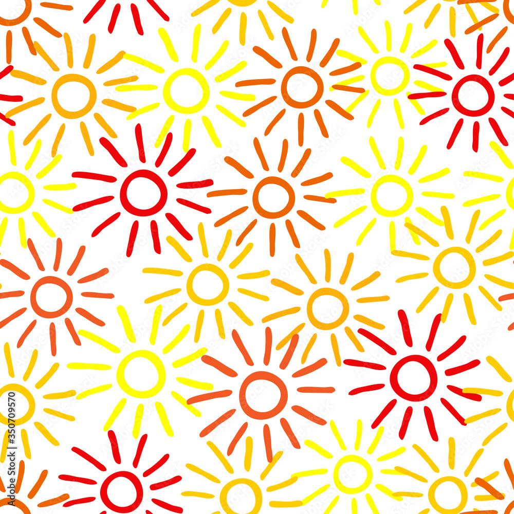 Seamless pattern with hand drawn yellow and red doodle suns on white background. Vector illustration for textile and fabric, cover, print on clothes.