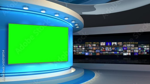Tv studio. News room. Studio Background. Blue. Newsroom bakground. Control room. Backdrop for any green screen or chroma key video production. Blurred of studio at TV station. Loop. 3D rendering. 