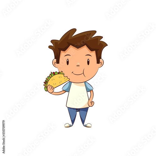 Child eating taco, cute kid fast food