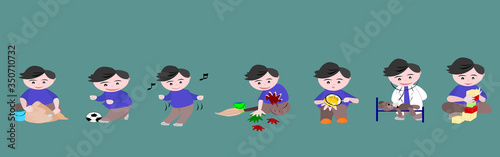 Illustration vector kid on isolate background. Learn and playing online. Children doing activities for kindergarteners. Clipart Cartoon character education concept. Decoration the classroom website.