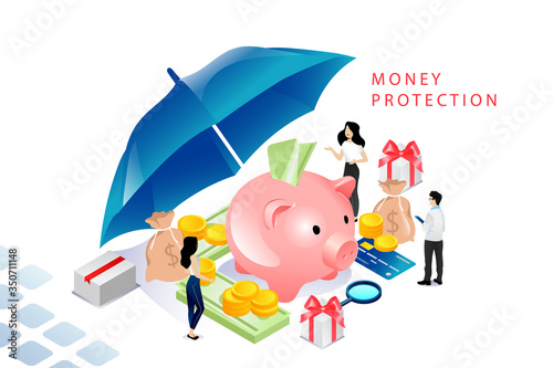 Isometric Money Protection Concept. Moneybox Piggy bank With Gold Coins And Dollar Banknotes, Business People, Investor, Credit Card, Umbrella Like Shield. Cartoon Linear Outline Vector Illustration
