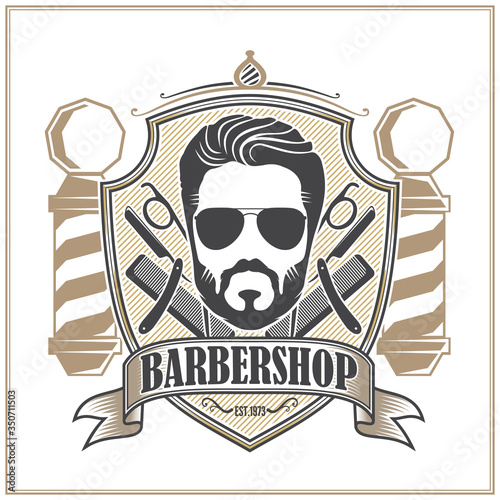 Barbershop Logo with barber pole and bearded men in sunglasses. Vector template