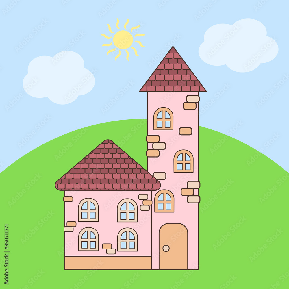 Cartoon house with a tower in summer