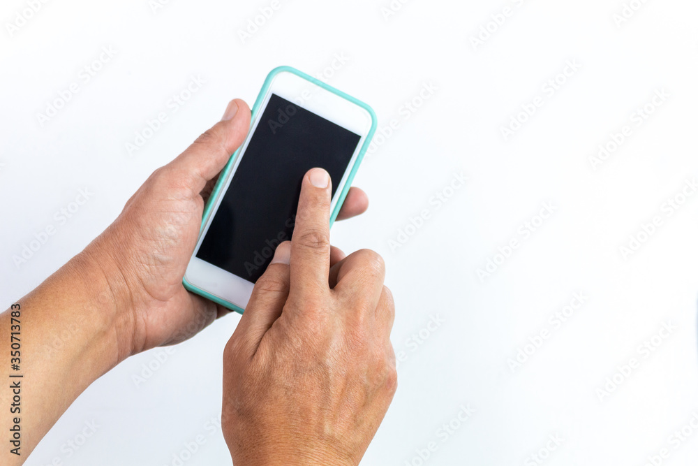 Hands using a cell phone on white background Hands using a cell phone on white background