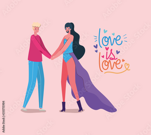 girl and boy with costumes lgtbi flag and love is love vector design