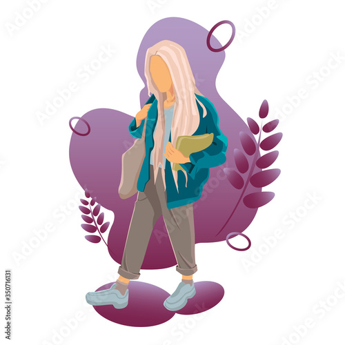 Beautiful young girl with bag.Girl  vector illustration isolated on white background. Girl in sneakers with a denim jacket.Man on a gradient background.Girl blonde in flat style. Teenager illustration