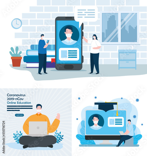 set scenes of education online for 2019 ncov vector illustration design