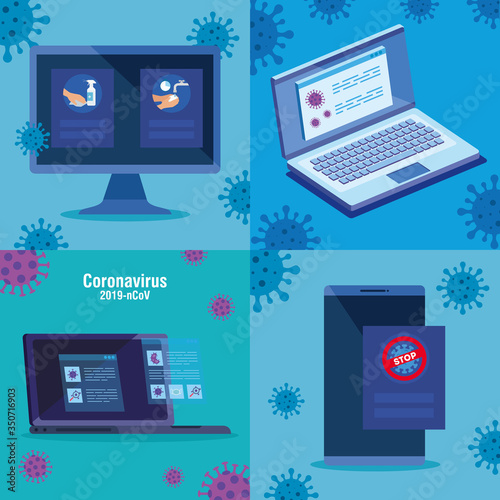 set banners of campaign of stop 2019 ncov online vector illustration design