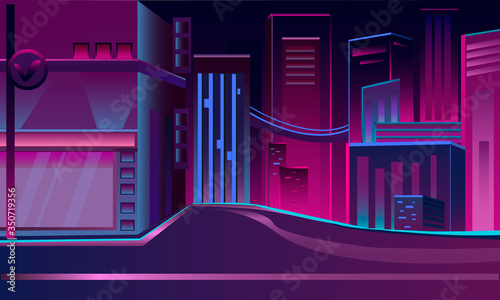 A simple and cool city night view in blue and pink colors. vector illustration, night neon city, street with luminous signs and a cafe with shop windows. Beautiful cityscape with futuristic photo