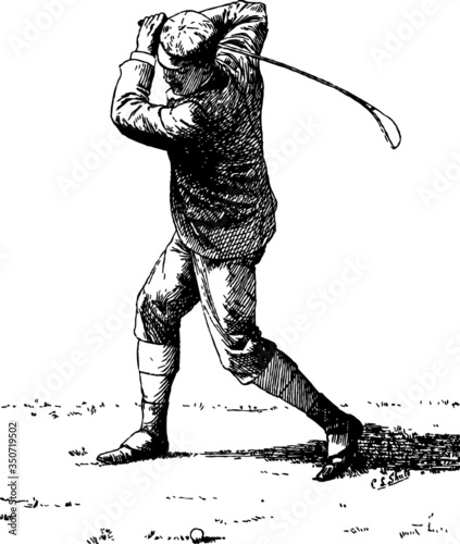 Golf Swing, Vector Drawing of a 19th century engraving