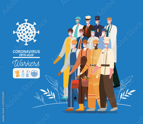 Men workers avatars with medical masks and uniforms vector design