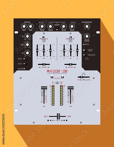 Realistic DJ scratch mixer in vector. Club nightlife theme. Console for scratch competitions. Material for drawing on a t-shirt. A popular model of technology. 