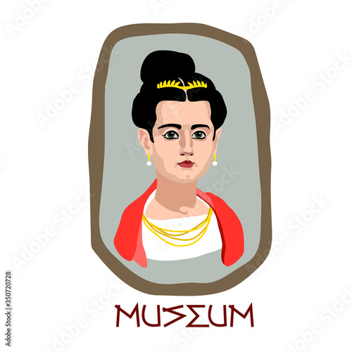 Fayum funeral portrait of a young cute brunette girl with gold jewelry, museum archaeological exhibit, color vector illustration in cartoon, flat & hand drawn style isolated on a white background
