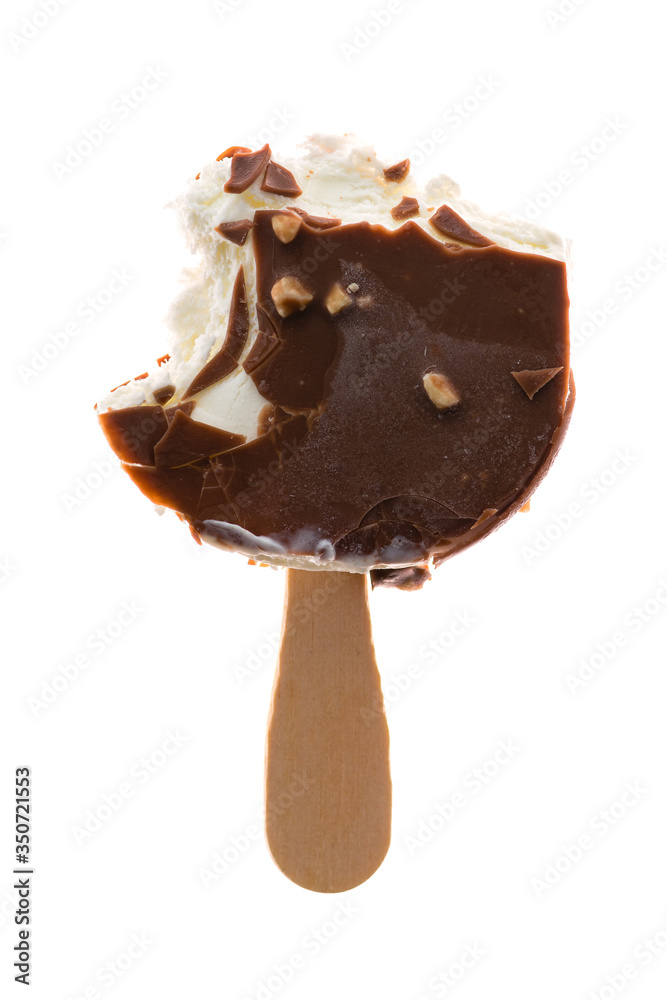 bitten chocolate-coated ice cream isolated on white bitten chocolate-coated ice cream isolated on white