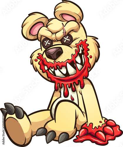 Creepy teddy bear smiling with bloddy mouth and paws. Vector cartoon clip art illustration with simple gradients. All on a single layer.

