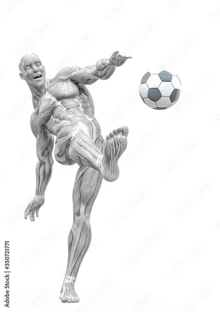 muscleman anatomy heroic body kicking the ball in white background