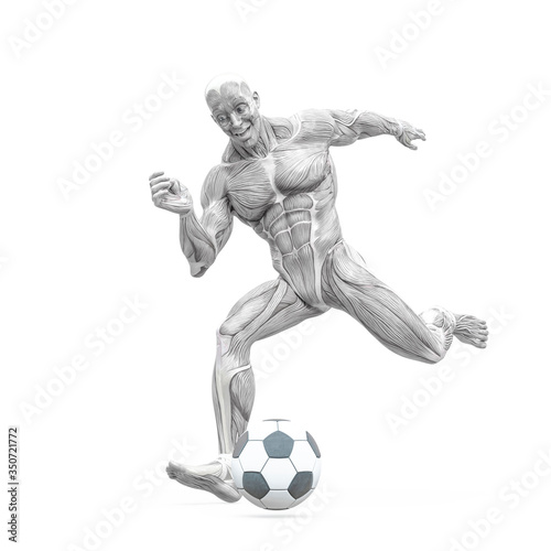muscleman anatomy heroic body kicking the football ball in white background