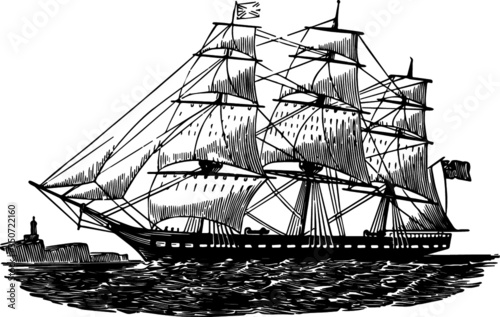 Hand Drawn illustration of a Large Sail Ship