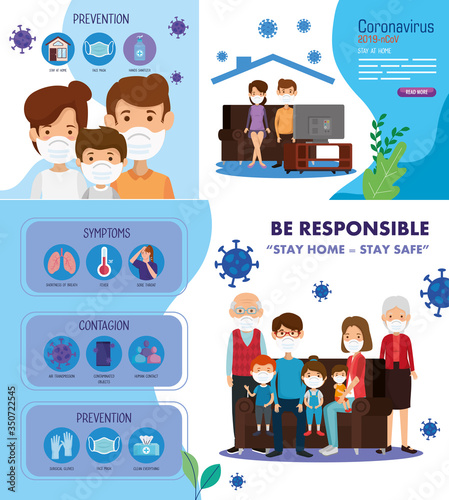set scenes stay at home and prevention 2019 ncov campaign vector illustration design