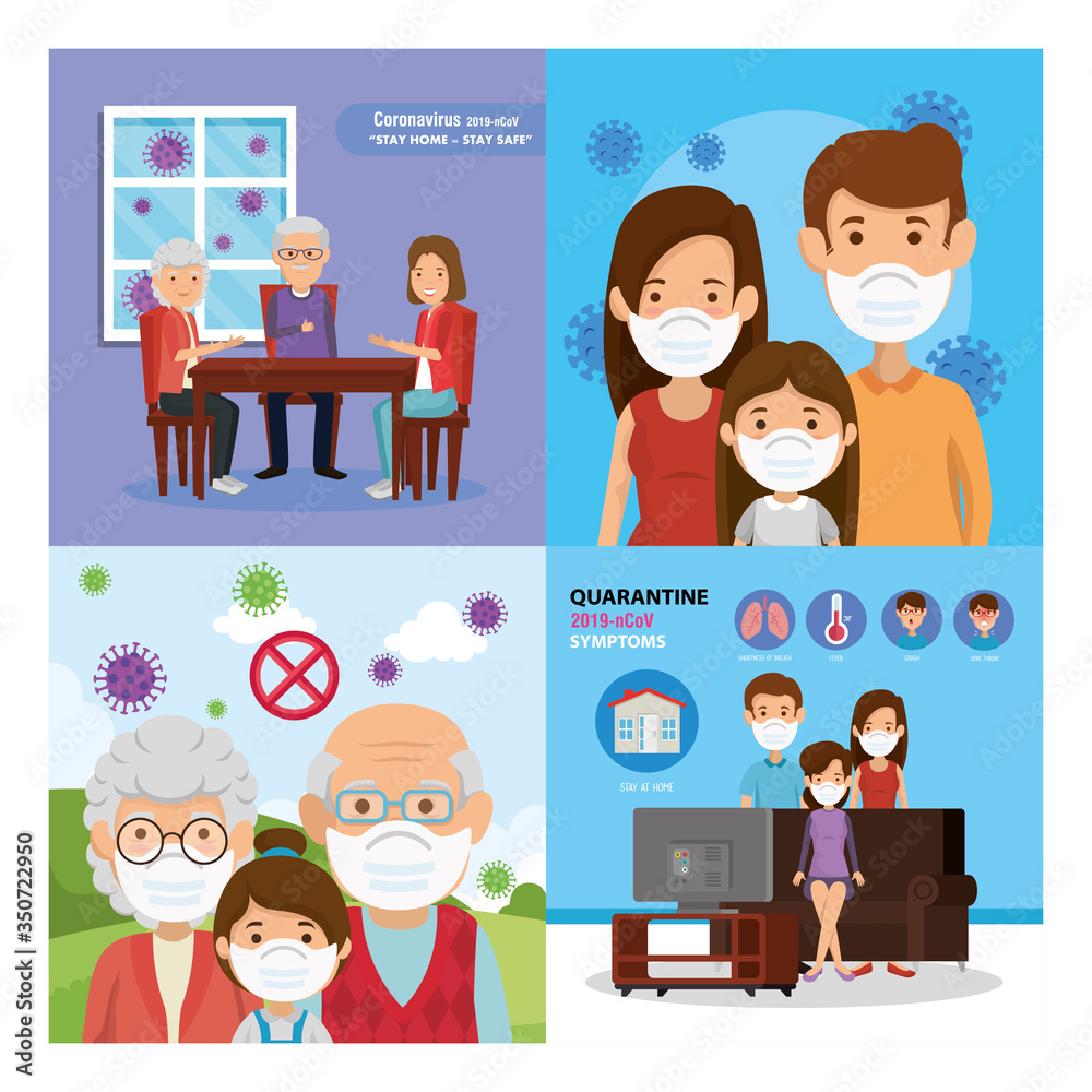 set scenes of families using face mask vector illustration design set scenes of families using face mask vector illustration design