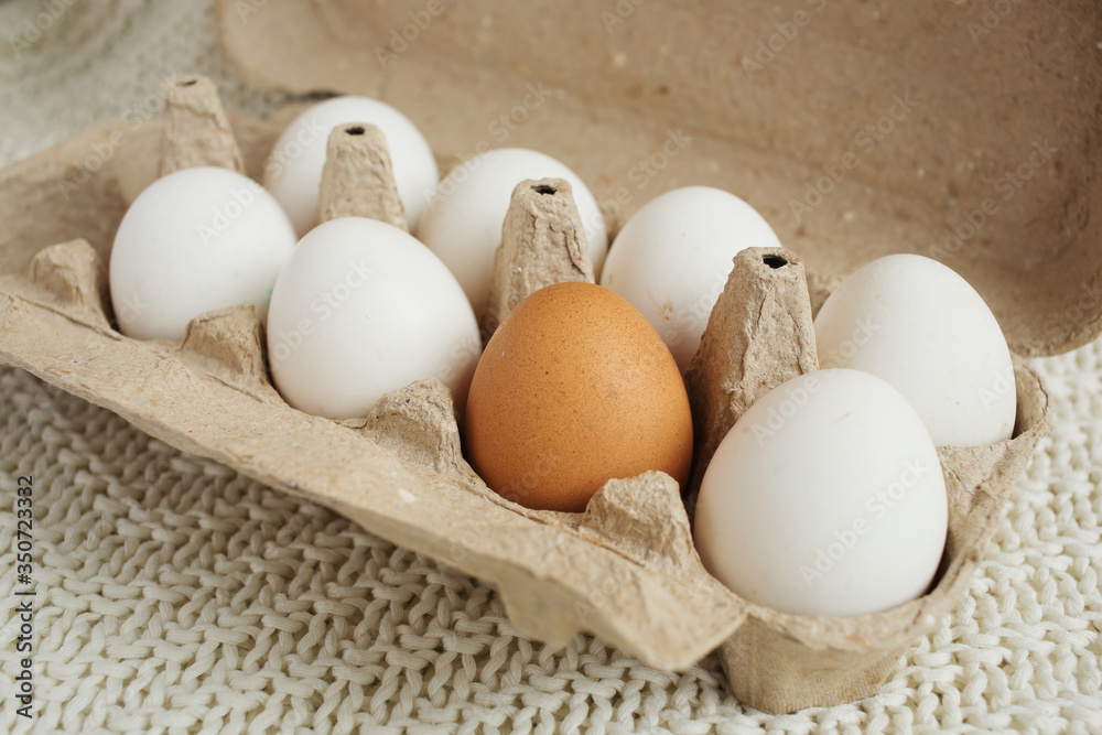 an open container with seven white chicken eggs and one brown one . On a white knitted tablecloth, a bedspread. an open container with seven white chicken eggs and one brown one . On a white knitted tablecloth, a bedspread.
