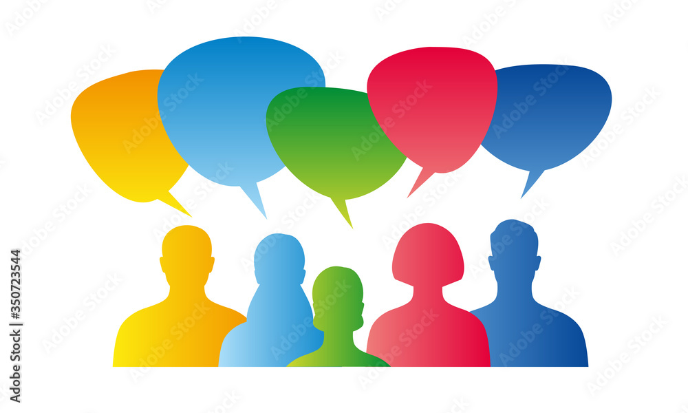 Colorful silhouettes of people group with speech bubbles. Banner concept of business, internet discuss, news, social networks, chat, dialogue. Colorful silhouettes of people group with speech bubbles. Banner concept of business, internet discuss, news, social networks, chat, dialogue.