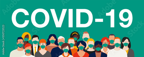 Big group of people in medical face mask to prevent virus, COVID-19, disease, flu.  Concept of banner for coronavirus quarantine or air pollution, contaminated air, world pollution. Vector.