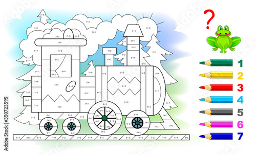 Math education for little children. Coloring book. Mathematical exercises on addition and subtraction. Solve examples and paint the train. Developing counting skills. Printable worksheet for kids.