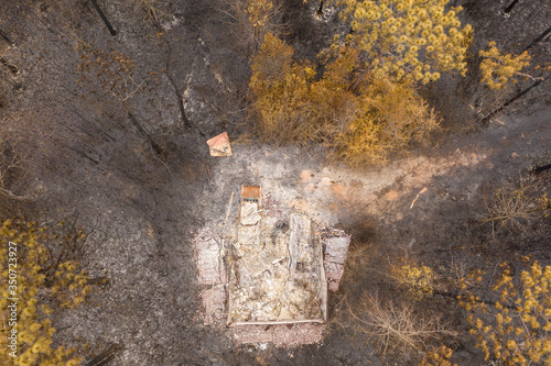 Forest wildfire in the forest with some burned trees and houses. Ashes from wood and houses