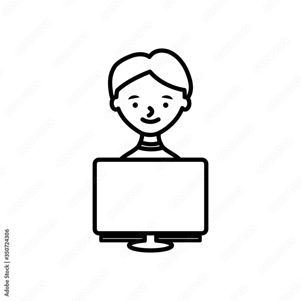 Stay home concept, cartoon man using a computer, line style