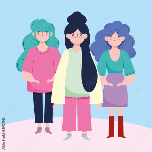 women avatars cartoons with aquamarine blue and black hair vector design