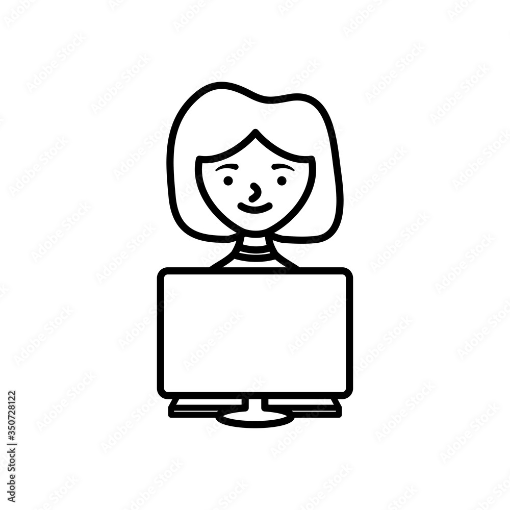 stay at home concept, cartoon woman using a computer icon, line style stay at home concept, cartoon woman using a computer icon, line style