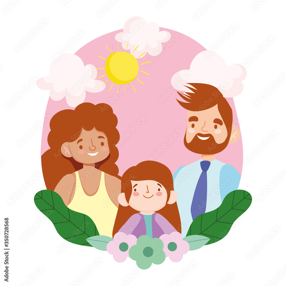 Mother father and daughter with leaves and flowers vector design Mother father and daughter with leaves and flowers vector design