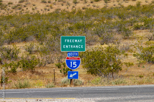 Freeway Entrance South Interstate 15 Signage in the Mojave Desert in California photo