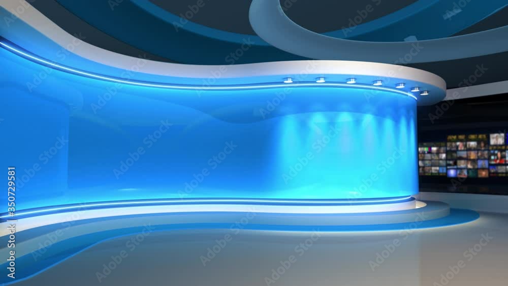Tv studio. News room. Studio Background. Blue. Newsroom bakground. Control room. Backdrop for any green screen or chroma key video production. Blurred of studio at TV station. Loop. 3D rendering. 