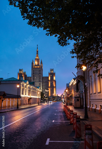 One of the Seven Sisters building at dusk in Moscow, Russia