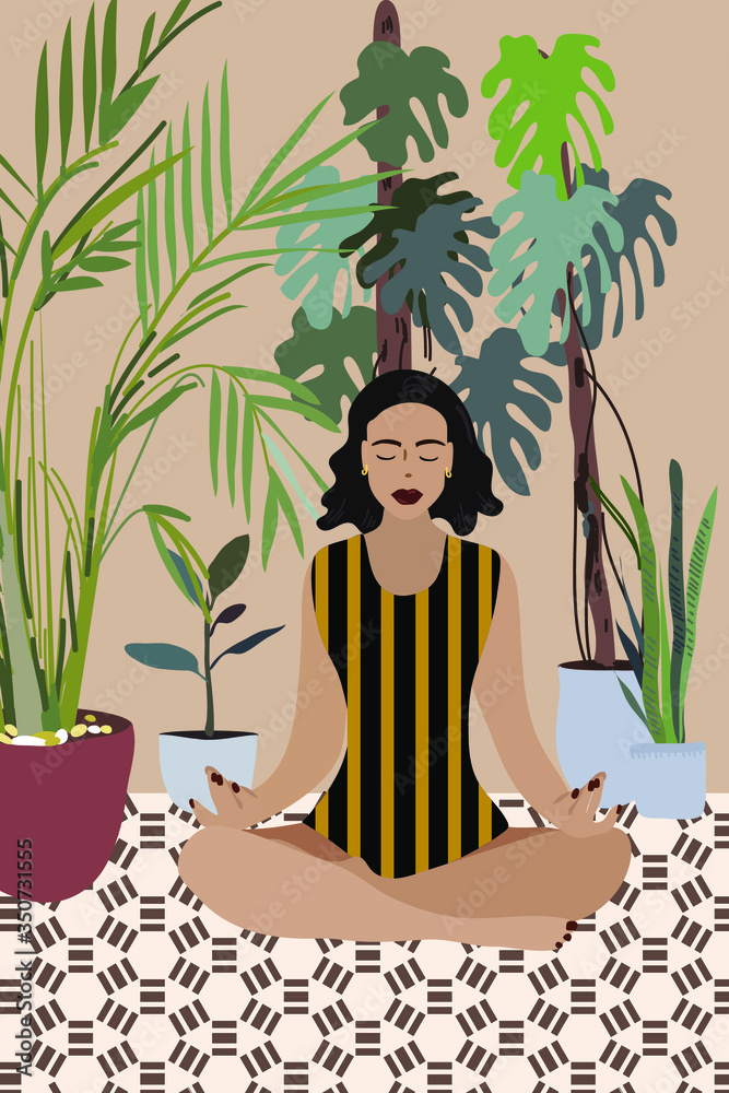 Yoga classes at home. Young girl sitting in lotus position. Hand drawn vector trendy illustrations. Flat design
