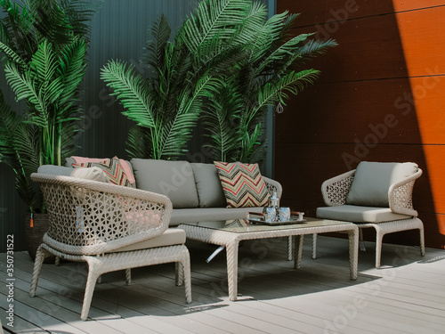 Outdoor patio with comfortable pillow on sofa decoration 