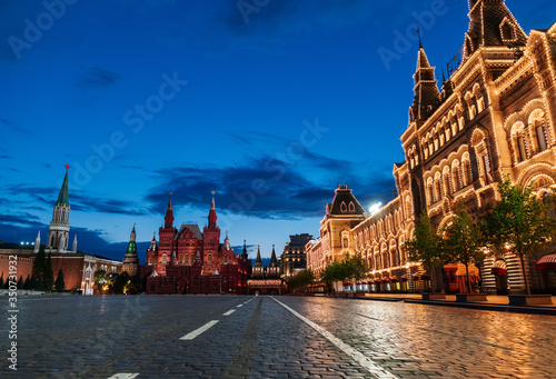 Empty illuminated Red Square and Kremlin, Moscow, Russia