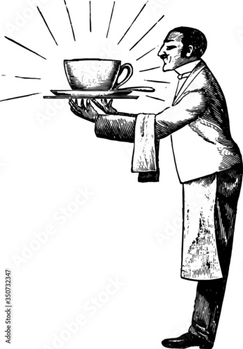 Vintage illustration of a Waiter with Soup, Vector Drawing of a engraving from the 19th century