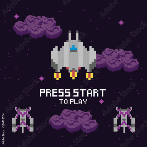 video game space pixelated scene and press star message