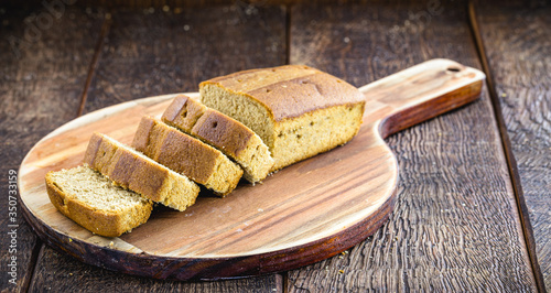 homemade vegan bread without lactose or animal products. Banana flavor. Healthy vegan life concept.