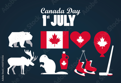first july canada day celebration poster with flag and set icons