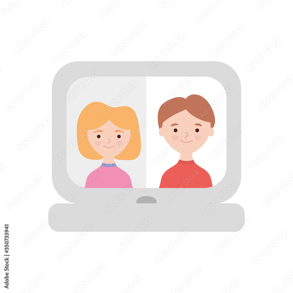 stay at home concept, laptop computer with family video call, flat style stay at home concept, laptop computer with family video call, flat style