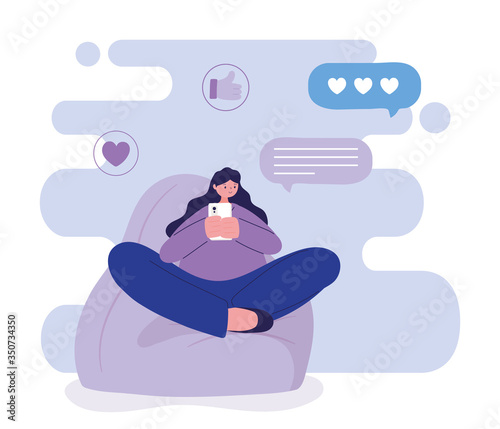 Woman with smartphone on puf chatting vector design