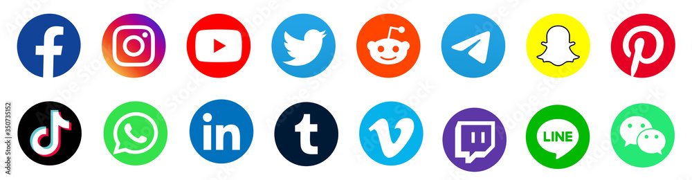 Facebook Twitter Instagram Youtube Reddit Telegram Snapchat Pinterest Tiktok Logo Facebook Twitter Instagram Youtube Reddit Telegram Snapchat Pinterest Tiktok Icon Download Stock イラスト Adobe Stock