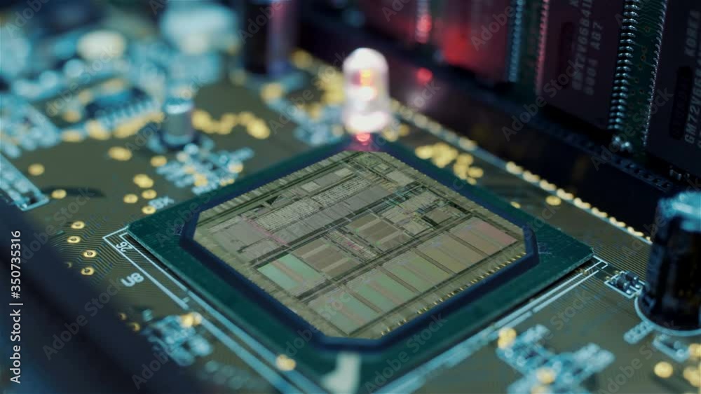 The internal structure of the main processor is lit at the time of operation. Rotation. Closeup. Shallow depth of field The internal structure of the main processor is lit at the time of operation. Rotation. Closeup. Shallow depth of field