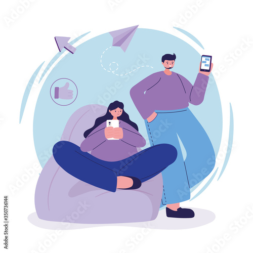 Woman and man on puf with smartphone chatting vector design