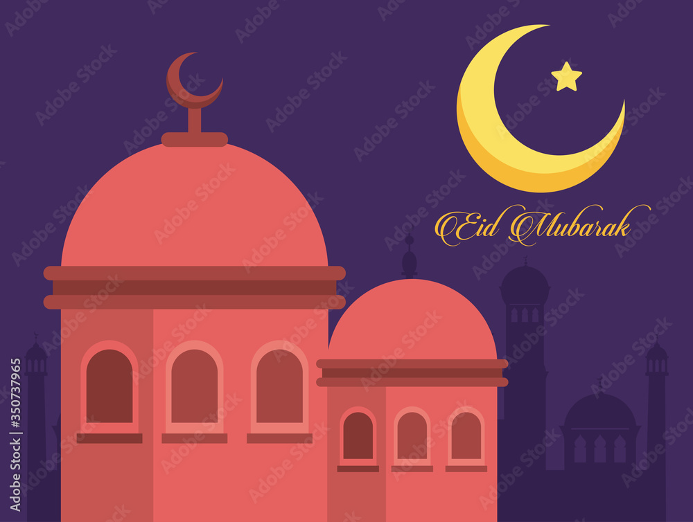 eid mubarak celebration card with mosque cupules and moon