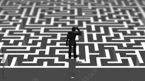 Difficult challenge of man person lost stuck in maze labyrinth - 3D illustration render